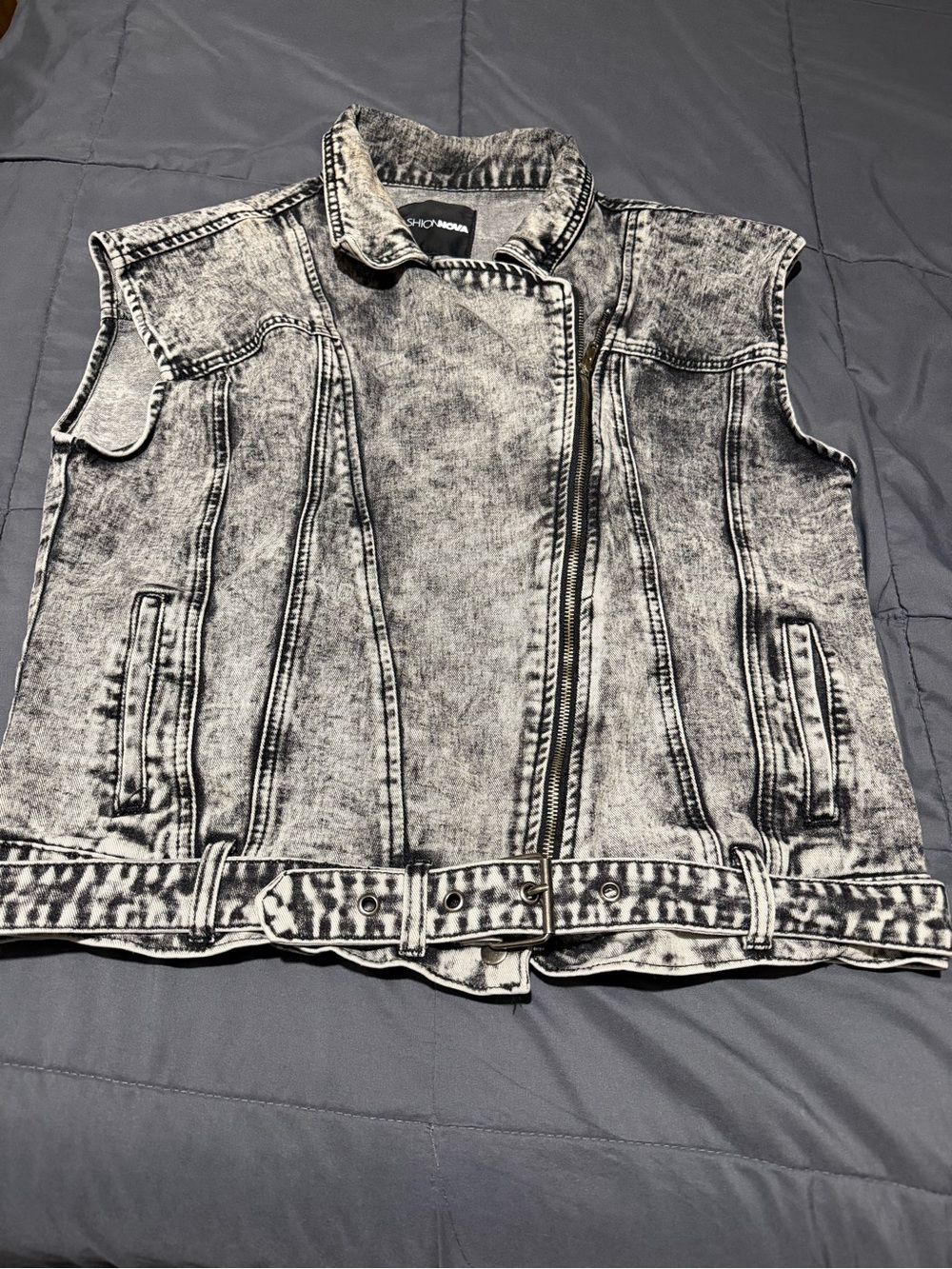 Fashion Nova Black & White Acid Wash Denim Vest with Belted Hem